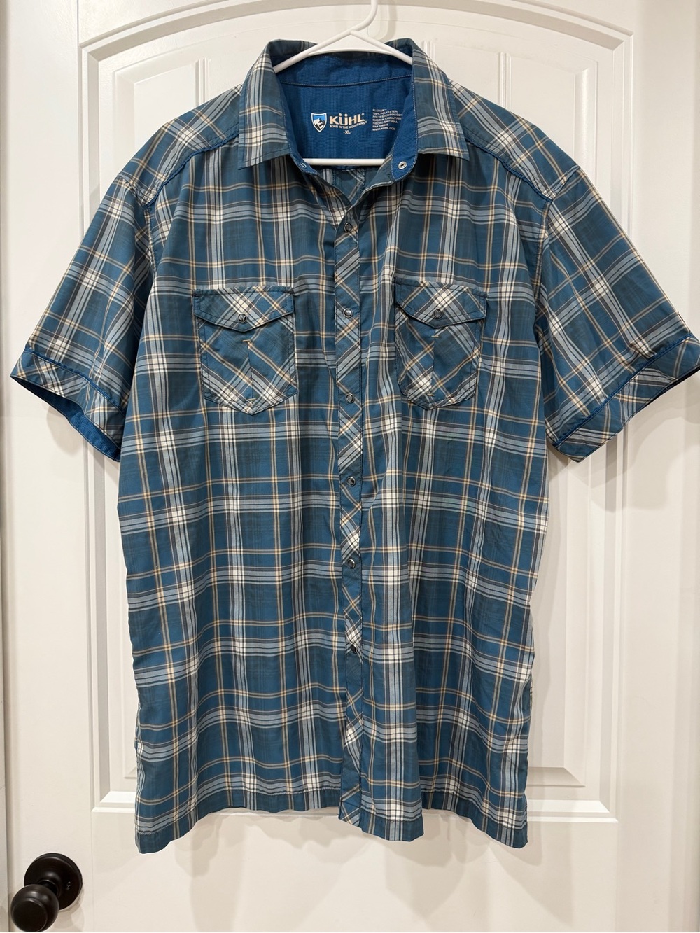 EUC Kuhl Men's Teal and White Plaid Short-Sleeve Button-Up Shirt